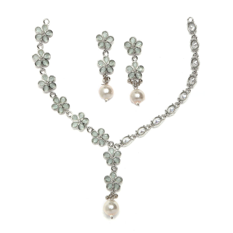 Rhodium-Plated Sea Green American Diamond & White Pearl Studded Floral Necklace & Earrings