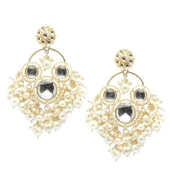 Gold-Plated Kundan & White Pearls studded Floral Shaped Tasselled Drop Earrings