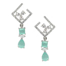 Rhodium-Plated Sea Green & White American Diamond studded Square & Teardrop Shaped Contemporary Drop Earrings