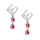 Rhodium-Plated Red & White American Diamond studded Square & Teardrop Shaped Contemporary Drop Earrings