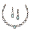 Rose Gold-Plated Gunmetal Toned Sea Green American Diamonds Studded Ovate Shaped Necklace & Earrings Jewellery Set