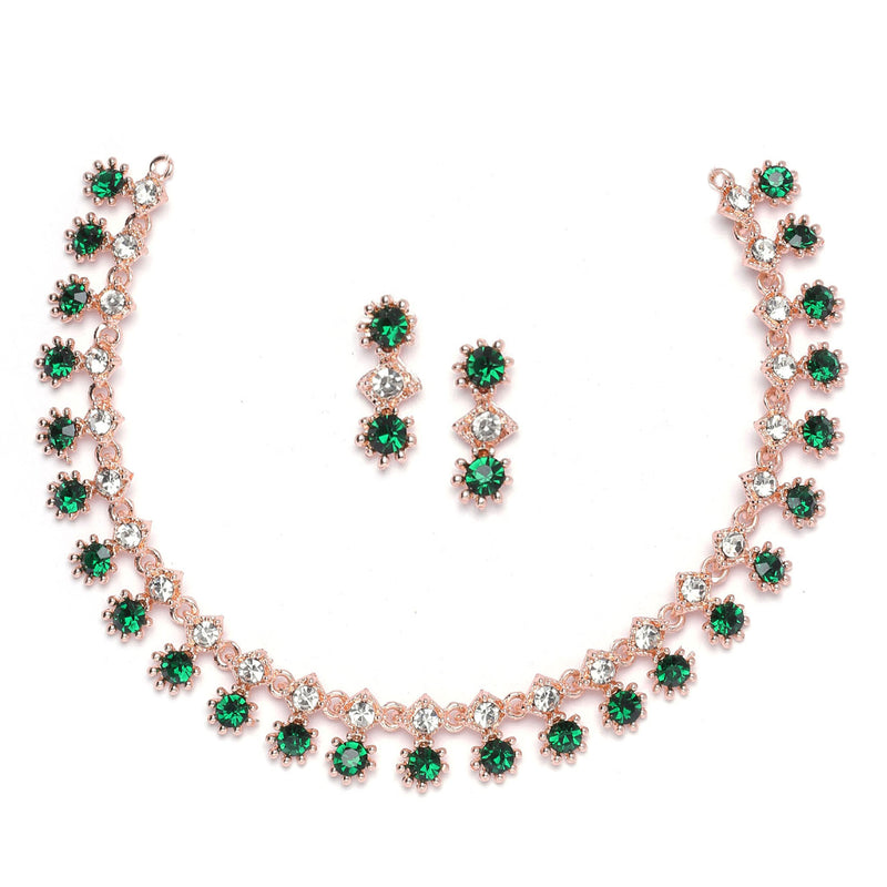 Rose Gold-Plated Green & White American Diamond Studded Star Shaped Necklace with Earrings Jewellery Set
