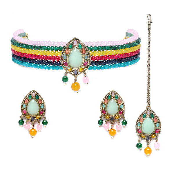 Gold-Plated Multi-Colour Artificial Stones and Beads Studded Jewellery Set