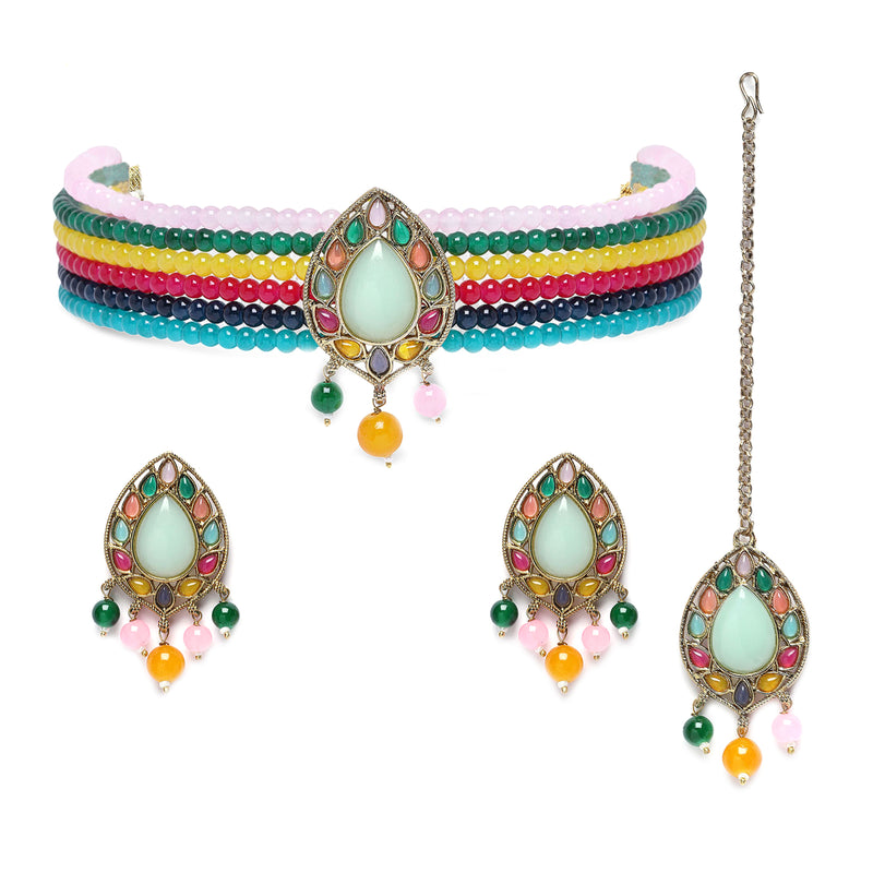 Gold-Plated Multi-Colour Artificial Stones and Beads Studded Jewellery Set