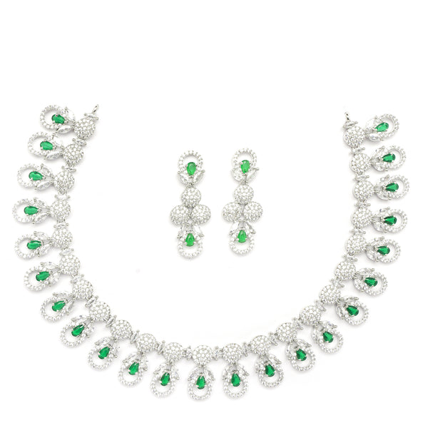 Rhodium-Plated Green American Diamonds Studded Voguish Necklace & Earrings Jewellery Set