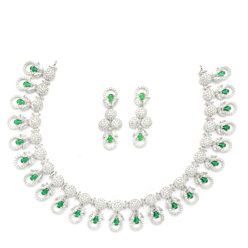 Rhodium-Plated Green American Diamonds Studded Voguish Necklace & Earrings Jewellery Set