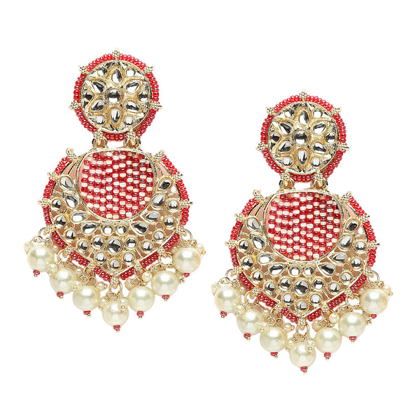 Gold-Plated Red Beads White Pearls & Kundan studded Handcrafted Crescent Shaped Drop Earrings