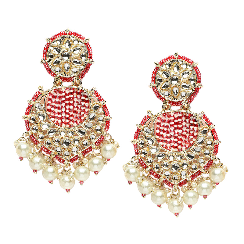 Gold-Plated Red Beads White Pearls & Kundan studded Handcrafted Crescent Shaped Drop Earrings