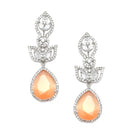 Rhodium-Plated Orange American Diamond studded Teardrop & Leaf Shaped Drop Earrings