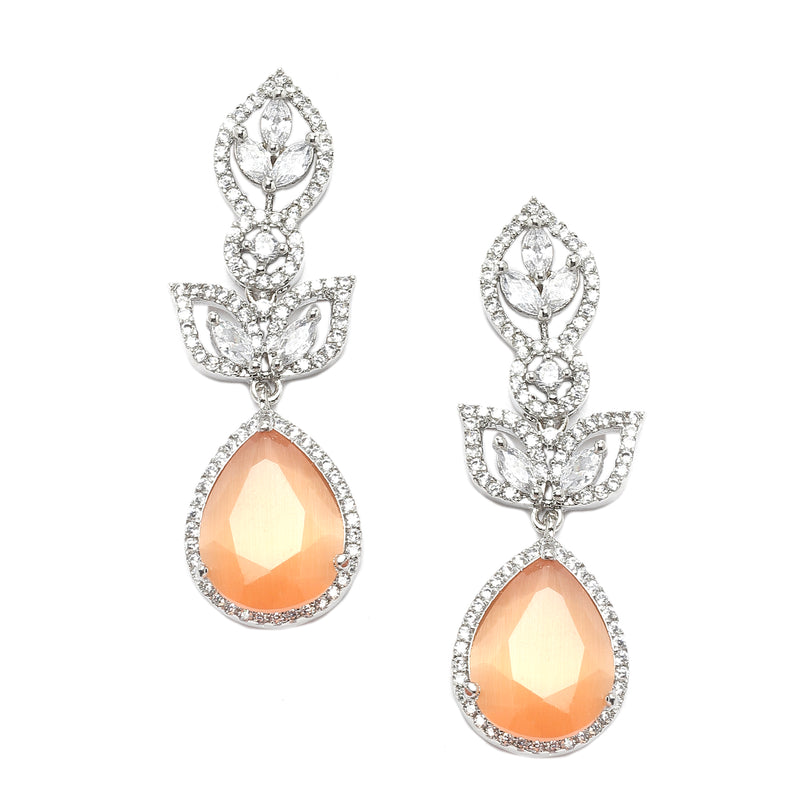 Rhodium-Plated Orange American Diamond studded Teardrop & Leaf Shaped Drop Earrings