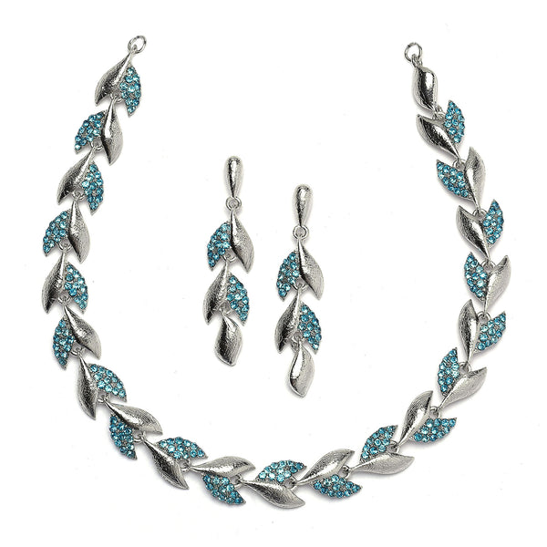 Silver-Plated Blue Cubic Zirconia Studded Leaf Shaped Necklace with Earrings Jewellery Set
