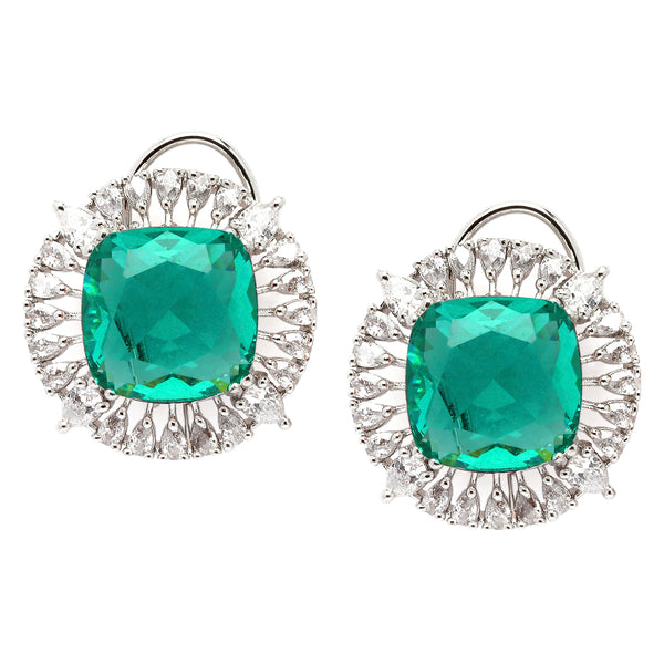 Rhodium-Plated Emerald Green & White American Diamond studded Contemporary Round Stud Earrings