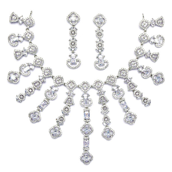 Rhodium-Plated White American Diamond Studded Floral Tasselled Necklace & Earrings Jewellery Set