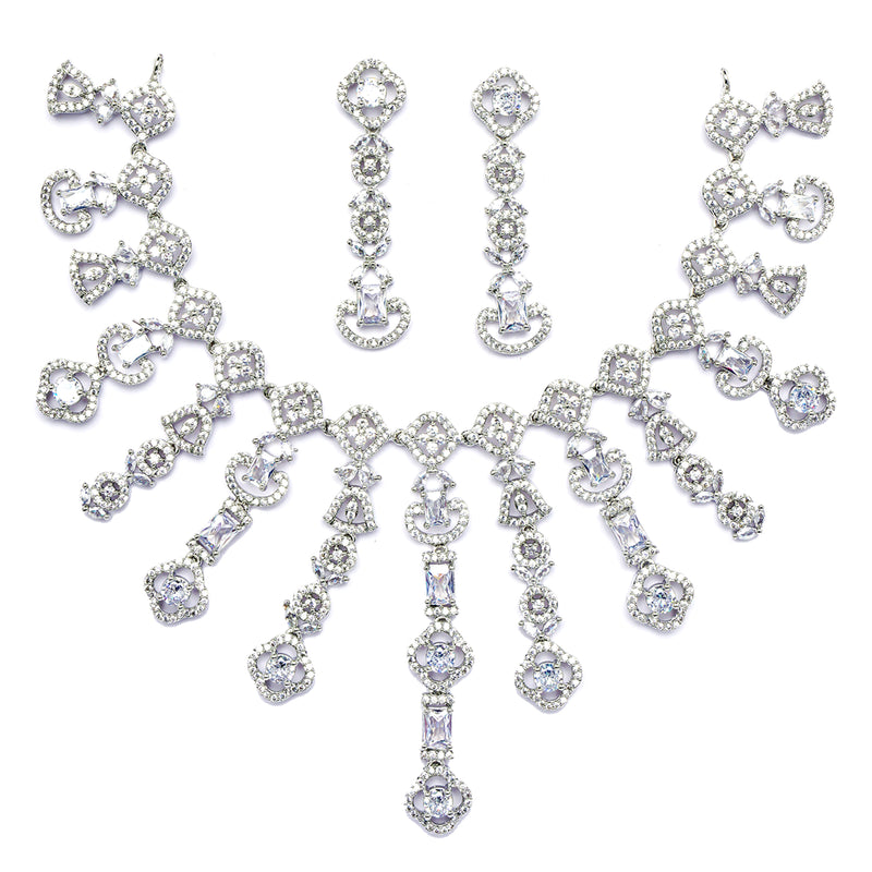 Rhodium-Plated White American Diamond Studded Floral Tasselled Necklace & Earrings Jewellery Set