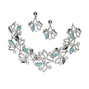 Silver-Plated Blue Cubic Zirconia & White Pearls Studded Leaf Shaped Necklace with Earrings Jewellery Set
