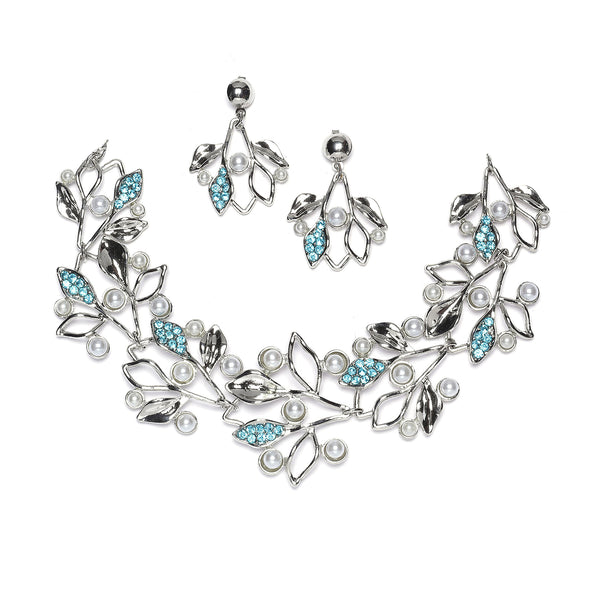Silver-Plated Blue Cubic Zirconia & White Pearls Studded Leaf Shaped Necklace with Earrings Jewellery Set