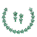 Rhodium-Plated Green American Diamonds Studded Floral Necklace & Earrings Jewellery Set
