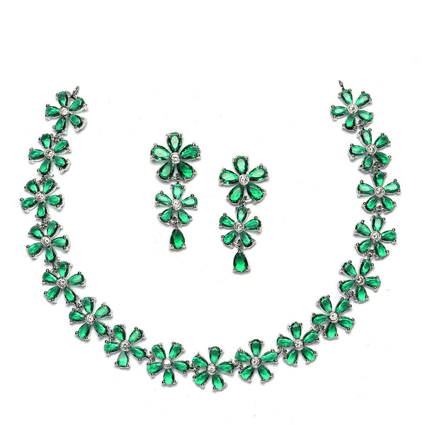 Rhodium-Plated Green American Diamonds Studded Floral Necklace & Earrings Jewellery Set