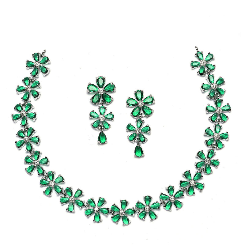 Rhodium-Plated Green American Diamonds Studded Floral Necklace & Earrings Jewellery Set