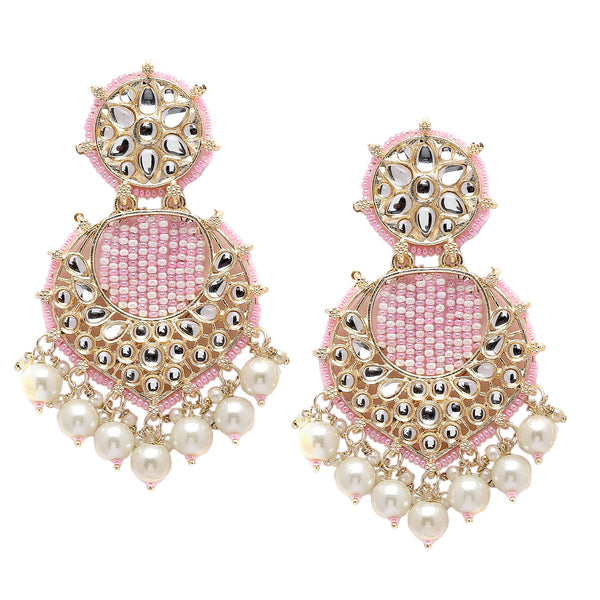 Gold-Plated Pink Beads White Pearls & Kundan studded Handcrafted Crescent Shaped Drop Earrings