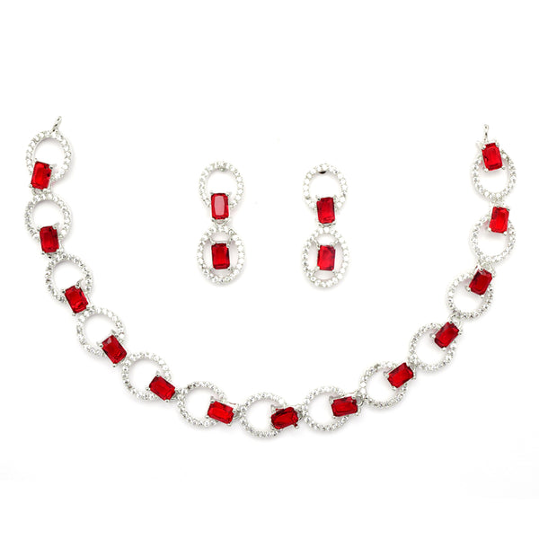 Rhodium-Plated Red American Diamond Studded Disc-Shaped Necklace & Earrings Jewellery Set