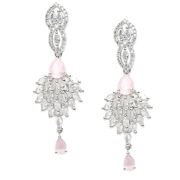Rhodium-Plated Pink American Diamond studded Handcrafted Spiked Drop Earrings