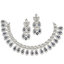 Rhodium-Plated Navy Blue American Diamond Studded Paisley Shaped Necklace & Earrings Jewellery Set