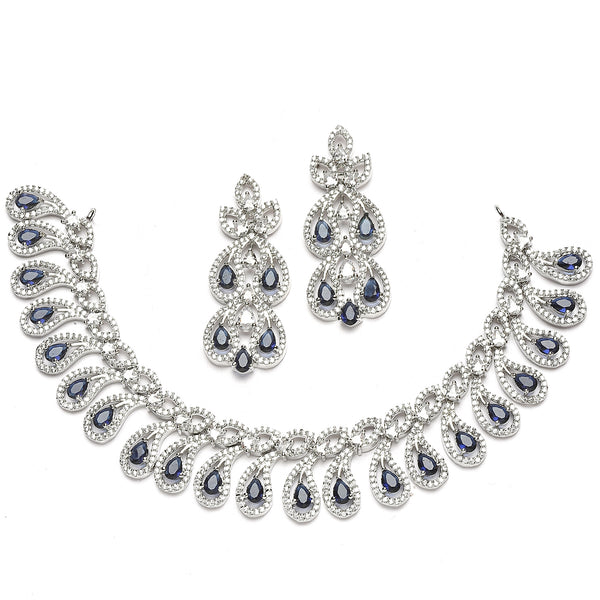 Rhodium-Plated Navy Blue American Diamond Studded Paisley Shaped Necklace & Earrings Jewellery Set