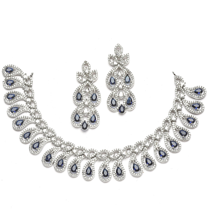 Rhodium-Plated Navy Blue American Diamond Studded Paisley Shaped Necklace & Earrings Jewellery Set