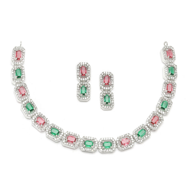 Rhodium-Plated Red & Green American Diamonds Studded Quadrate Shaped Necklace & Earrings Jewellery Set