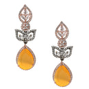 Rose Gold-Plated Gunmetal Toned Yellow American Diamond studded Teardrop & Leaf Shaped Drop Earrings