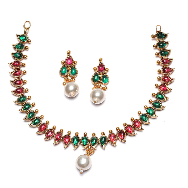 Gold-Plated Red & Green Cubic Zirconia White Pearl Studded Paisley Shaped Jewellery Set