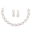 Rhodium-Plated Pink American Diamond Studded Disc-Shaped Necklace & Earrings Jewellery Set