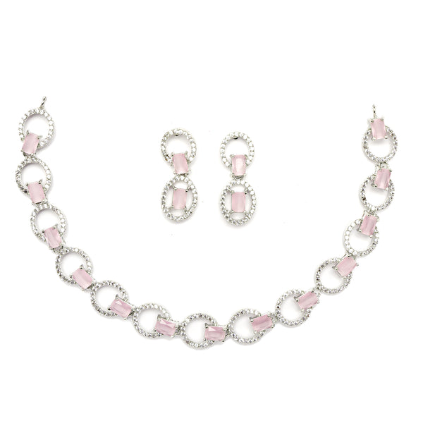 Rhodium-Plated Pink American Diamond Studded Disc-Shaped Necklace & Earrings Jewellery Set