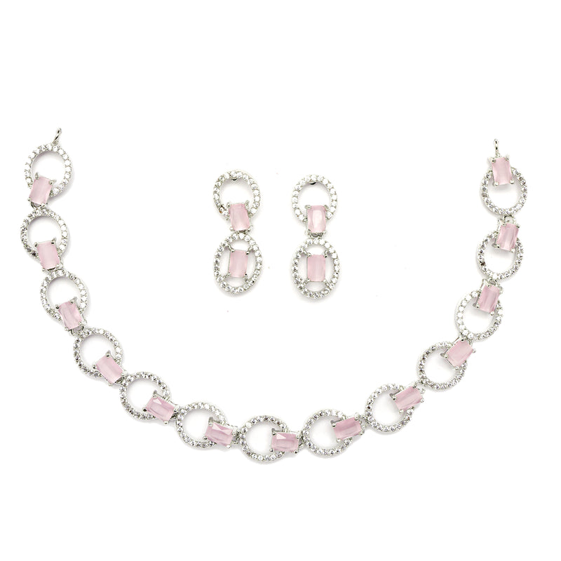 Rhodium-Plated Pink American Diamond Studded Disc-Shaped Necklace & Earrings Jewellery Set