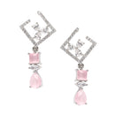 Rhodium-Plated Pink & White American Diamond studded Square & Teardrop Shaped Contemporary Drop Earrings