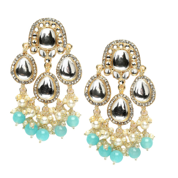 Gold-Plated Kundan & Sky Blue Pearls studded Teardrop Shaped Mirror Drop Earrings