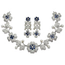 Rhodium-Plated Navy Blue Cubic Zirconia Studded Floral Theme Necklace & Earrings Jewellery Set