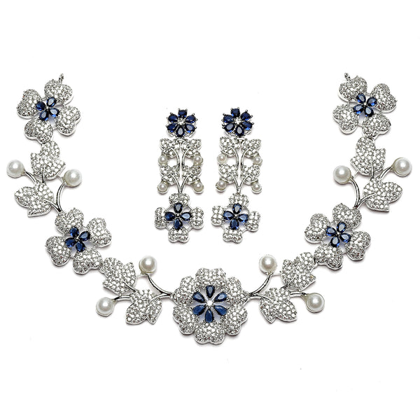 Rhodium-Plated Navy Blue Cubic Zirconia Studded Floral Theme Necklace & Earrings Jewellery Set