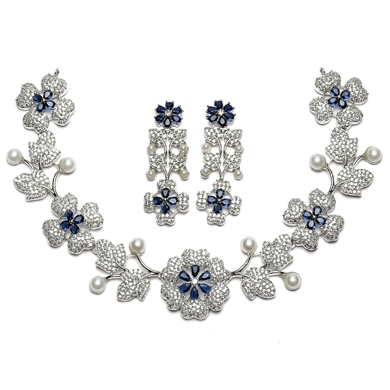 Rhodium-Plated Navy Blue Cubic Zirconia Studded Floral Theme Necklace & Earrings Jewellery Set