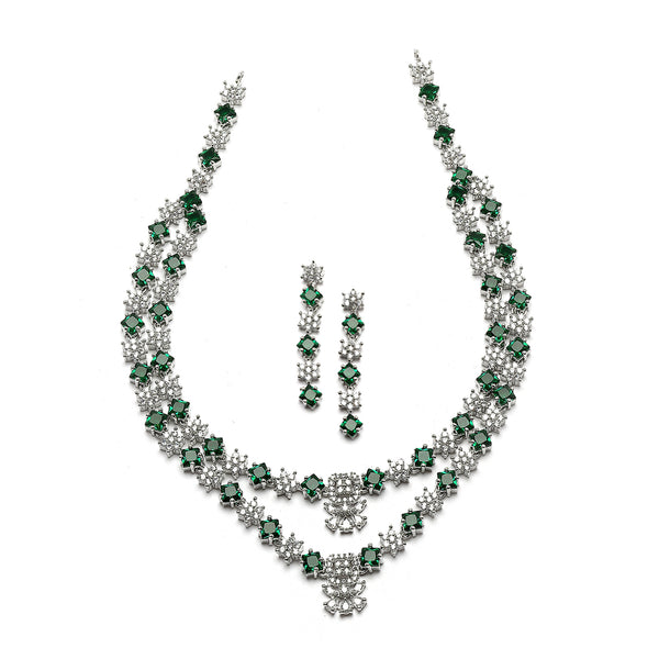 Rhodium-Plated Green American Diamond Studded Star Shaped Layered Necklace & Earrings Jewellery Set