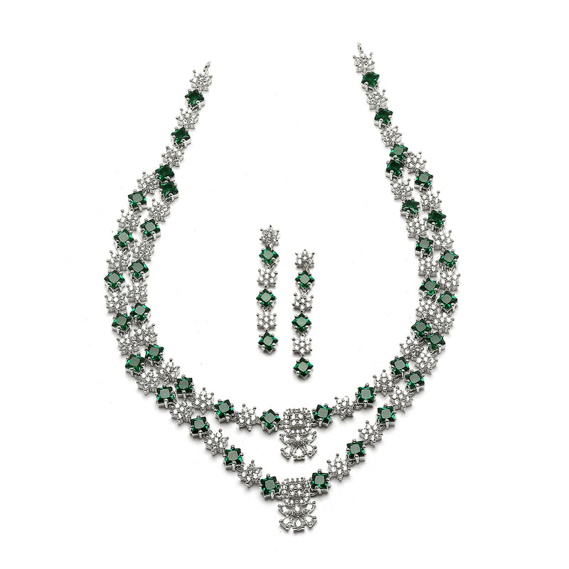 Rhodium-Plated Green American Diamond Studded Star Shaped Layered Necklace & Earrings Jewellery Set