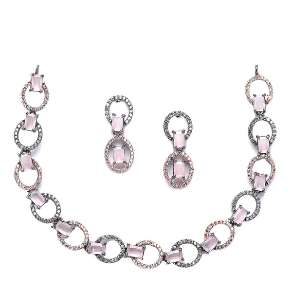 Rose Gold-Plated Gunmetal Toned Pink American Diamond Studded Disc-Shaped Necklace & Earrings Jewellery Set