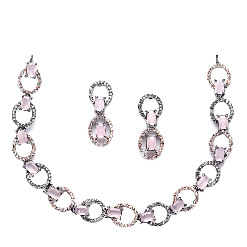 Rose Gold-Plated Gunmetal Toned Pink American Diamond Studded Disc-Shaped Necklace & Earrings Jewellery Set