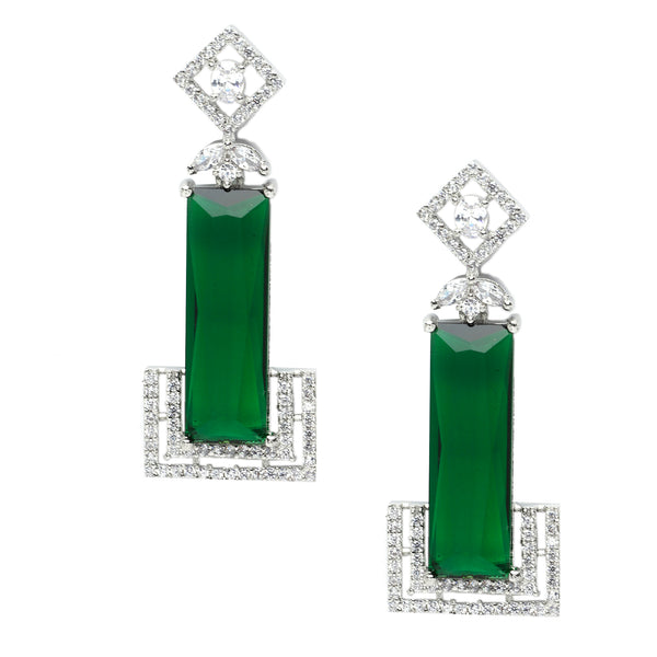Rhodium-Plated Green American Diamond studded Rectangular Shaped Drop Earrings