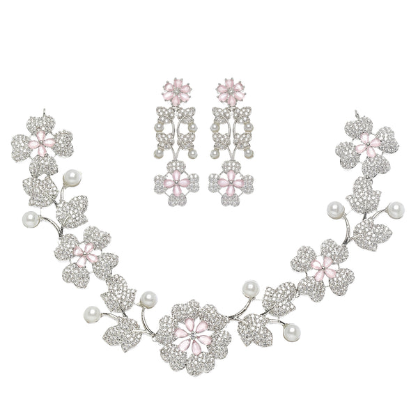 Rhodium-Plated Pink Cubic Zirconia Studded Floral Theme Necklace & Earrings Jewellery Set