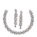 Rhodium-Plated Pink Cubic Zirconia Studded Leafy Shaped Necklace with Earrings Jewellery Set