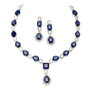 Rhodium-Plated Navy Blue American Diamond Studded Fashionable Necklace & Earrings Jewellery Set