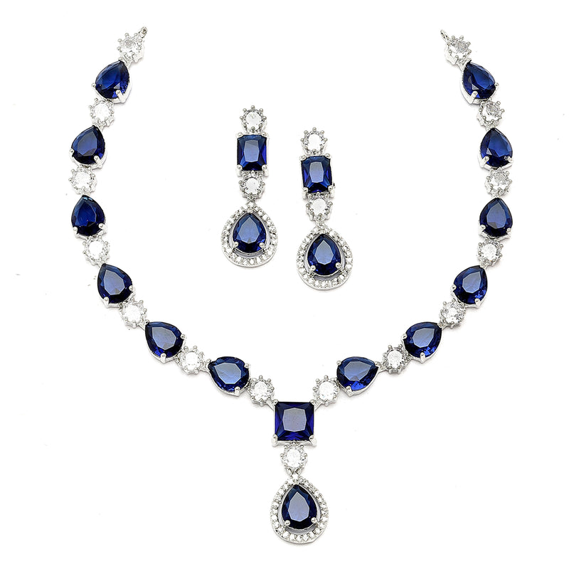 Rhodium-Plated Navy Blue American Diamond Studded Fashionable Necklace & Earrings Jewellery Set