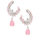 Rhodium-Plated Pink American Diamond studded Peacock & Feather Shaped Drop Earrings